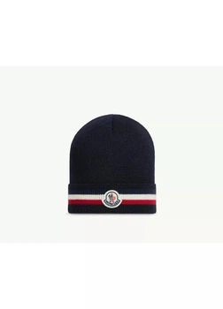 Шапка Moncler трикотажная унисекс тёмно-синяя с отворотом и трёхцветными полосами HAT-MON-001-BLU