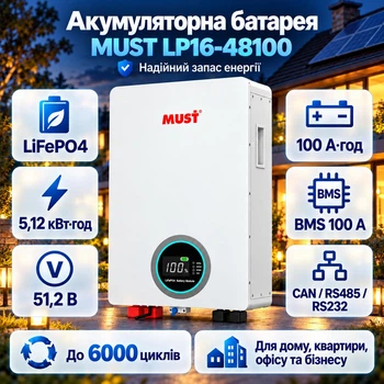 Акумуляторна батарея для інвертора 5,12 кВт*год / 100 А*год / MUST LP16-48100 LiFePO4 / 51,2 В / BMS 100 А / CAN / RS485 / RS232