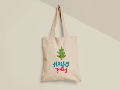 Эко сумка шоппер с принтом Ёлка Холли Holly jolly Бежевый 35х41 см