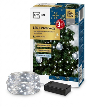LED гірлянда на батарейках 50 LED, 5,4 м, холодне біле світло, таймер 6 год, IP44