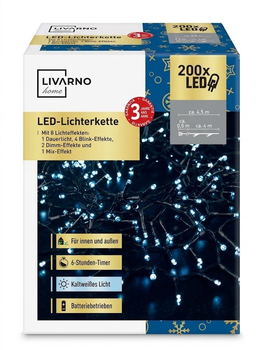 LED гірлянда 4,5 м, 200 LED, холодне біле світло, 8 режимів, таймер 6 год, на батарейках, IP44
