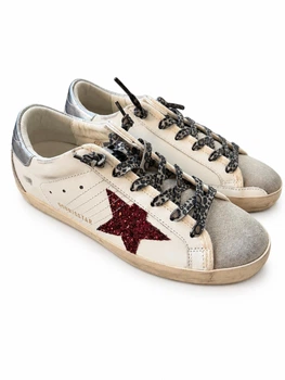 Женские кеды Golden Goose бело-серебристые из натуральной кожи и замши с бордовой блестящей звездой размер 41