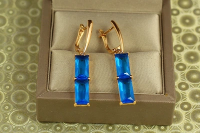 Сережки Xuping Jewelry підвіски подвійний прямокутний блакитний фіаніт 4,3 см золотисті