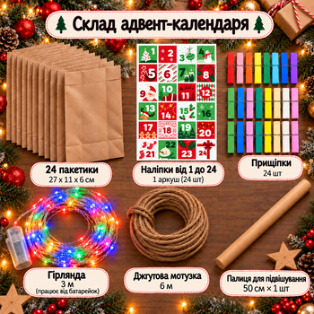 Адвент Календарь Рождественский на 24 дня. Пакеты бумажные, наклейки, прищепки + гирлянда.-76731