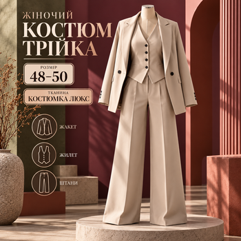 Брючний костюм-трійка жіночий бежевий 48–50 з тканини костюмка люкс, класичний подовжений жакет