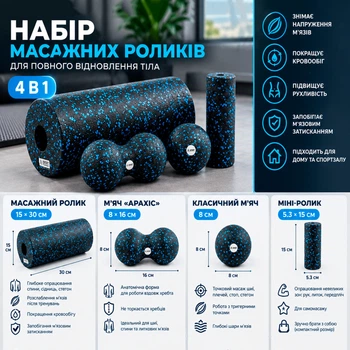 Массажный набор для йоги и фитнеса 4в1 OSPORT EPP, массажный валик йога ролл +массажный мяч МФР (OF-0282) Черно-синий