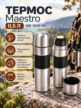 Термос металлический для сохранения температуры напитков с чашкой крышкой Maestro MR 1630-50 объемом 0.5 л из нержавеющей стали 500 мл для дома школы путешествий Серый