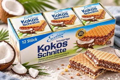 Вафлі Excelsior Kokos Schnitte Ексельсіор хрусткі з ніжною кокосово-вершковою начинкою та кокосовою стружкою 12шт 250г
