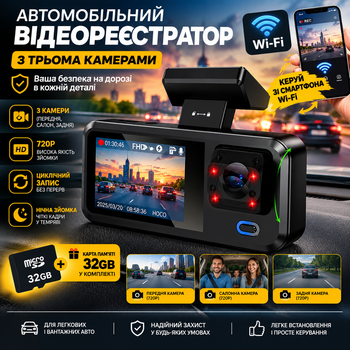 Видеорегистратор 720P Hoco 2" Wi-Fi 3 камеры черный