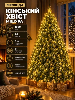 Сетевая светодиодная гирлянда Конский хвост Мишура комнатная 20 нитей 3 м 1800 LED диодов с пультом ДУ внутренняя для елки и комнат от сети зеленая нить цвет света Желтый