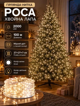 Светодиодная гирлянда нить Роса Хвойная лапа сетевая комнатная 100 м 2000 LED диодов внутренняя для елки и комнат от сети белая нить цвет света Белый