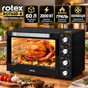 Електрична піч ROT650 В 60л 2000Вт (конвекція+гриль) Rotex