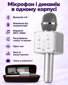 Бездротовий караоке-мікрофон Bluetooth із динаміком і чохлом, сріблястий
