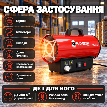 Газовая пушка Hammer 25 кВт газовая тепловая пушка с вентилятором напольная на пропан бутан до 250 м2 защита от перегрева механическое управление до 20 часов работы 4 кг для гаража мастерской склада дачи
