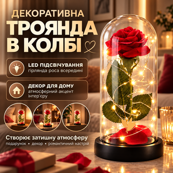 Роза под куполом в колбе с подсветкой красная роза с LED подсветкой вечная роза красная