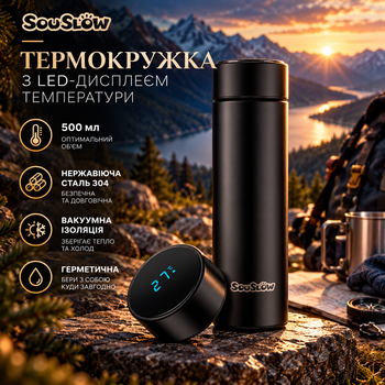 Термокружка SAUSLOW 500 мл с LED-дисплеем температуры, нержавеющая сталь 304, вакуумная, герметичная, черная