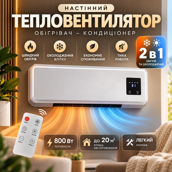 Тепловентилятор настінний керамічний 800 Вт 2 в 1 електричний обігрівач вентилятор для дому та квартири з пультом таймером і терморегулятором