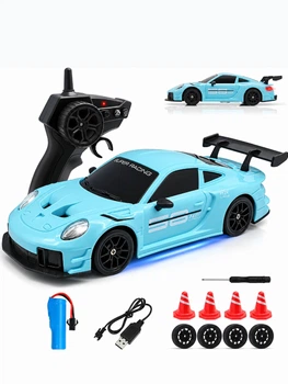 Дрифт машинка кар радиоуправляемая игрушка RC детский автомобиль на пульте управления с USB зарядкой трюковая гоночная скоростная маневренная с светом передними фарами для дома улицы игр дрифтинга бокового скольжения поворотов 360° porsche 1:24 голубой