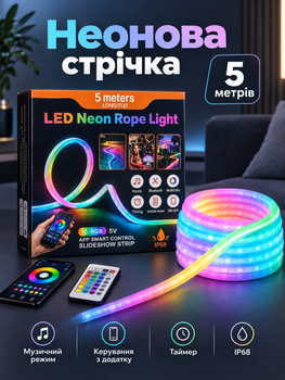 Неоновая LED лента 5 метров RGB с управлением телефона гибкая подсветка Neon Rope Light Bluetooth USB IP68 LONGITUD