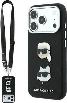 Etui na smartfon Apple iPhone 18 Pro/17 Pro Karl Lagerfeld Saffiano Karl&Choupette Heads Pins Strap Logo Black (KLHCP18LPSWFDHPSK)