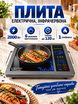 Плита электрическая инфракрасная на 1 конфорку Domotec 2000Вт, настольная стеклокерамическая плита с таймером и защитой от перегрева, электроплитка одноконфорочная для дома, дачи, кухни Черная, MS-5842