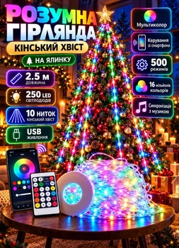 Умная Смарт Smart гирлянда USB с кольцом на елку 2.5 метра 250 LED управление с телефона пульт ДУ светодиодная гирлянда конский хвост на елку белое кольцо Мультиколор