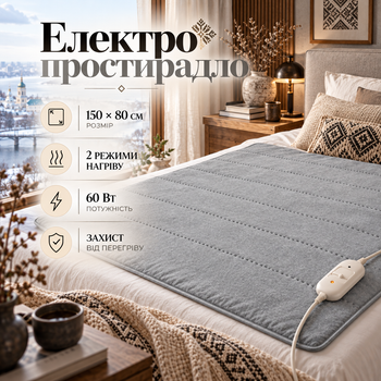 Электропростынь с подогревом 120×160 см серая, 2 режима нагрева, байковая электрическая простынь с проводным переключателем 220 В