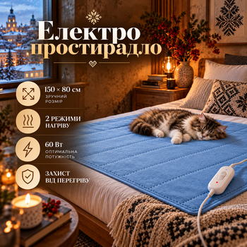 Електропростирадло з підігрівом 120×160 см синє, 2 режими нагріву, байкове електричне простирадло з провідним перемикачем 220 В