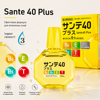 Sante 40 Plus 12 мл Японские возрастные капли для глаз с таурином, витаминами E, B5 и B6 Санте 40 Плюс от усталости и покраснения глаз