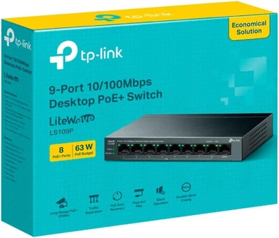 Комутатор TP-Link LiteWave LS109P, Black, 9xRJ45 (1х10/100 Mb/s, 8x10/100 Mb/s PoE+), некерований