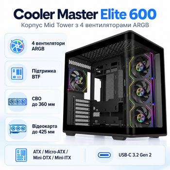 Корпус для ПК Cooler Master Elite 600 ARGB Mid Tower без БЖ ATX/MicroATX/Mini-ITX/Mini-DTX Black (E600-KGNN-S01)