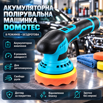 Полірувальна машина акумуляторна Domotec 48 В 125 мм полірувальна машина для авто 8 швидкостей безщітковий двигун 2 акумулятори