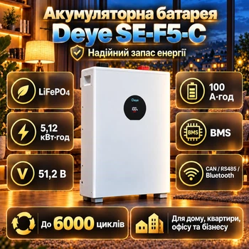 Акумуляторна батарея для інвертора 48 V / 5,12 кВт*год / 100 А*год / Deye SE-F5-C LiFePO4 / 51,2 В / BMS 100 А / CAN / RS485