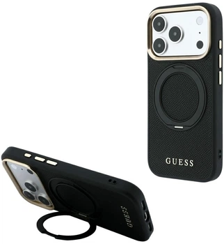 Etui do smartfona Apple iPhone 17 Pro Max / 18 Pro Max Guess Ring Stand 360 Grained Classic Logo MagSafe Black (GUE005670)