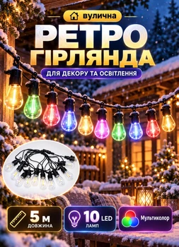 Уличная ретро гирлянда 5 метров 10 LED лампочек светодиодная гирлянда на улицу беседку магазин кафе дом Мультиколор