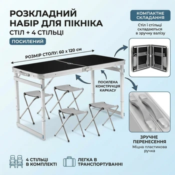 Усиленный раскладной набор для пикника и кемпинга: Стол 120х60 см + 4 стула Черный