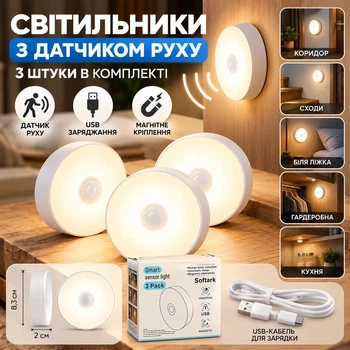 Три настенных аккумуляторных LED светильника с датчиком движения
