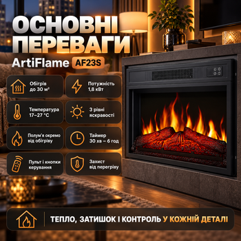 Електрокамін з ефектом живого полум'я ArtiFlame 1800 Вт електрокамін вбудований зі звуком горіння вогню панорамне скло 3 рівні яскравості камін електричний для дому до 30 м2 пульт таймер 61х44 см