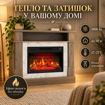 Електрокамін з порталом ArtiFlame For Living дуб сірий 1800 Вт електрокамін з ефектом живого полум'я цегляна кладка звук вогню камін електричний декоративний для дому до 30 м2 пульт 102х91 см
