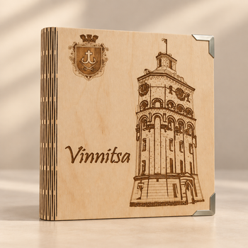 Деревянный блокнот Винница Башня (на цельной обложке с ручкой), ежедневник из дерева блокнот