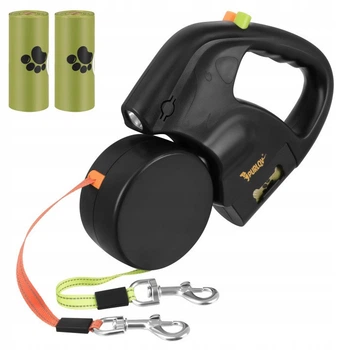 Двойной автоматический поводок-рулетка Purlov для двух собак (2х3 м, до 11.4 кг, LED-фонарь, USB-C, диспенсер)