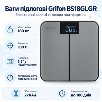 Весы напольные Grifon BS18GLGR 180 кг 100 г 2хAAA Gray