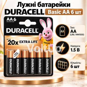 Комплект пальчиковых батареек Duracell Basic AA 6 шт LR6 MN1500 1.5 В Alkaline для бытовых устройств