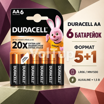 Батарейки DURACELL AA LR06 MN1500 6 шт, лужні елементи живлення для ліхтариків, годинників та іграшок