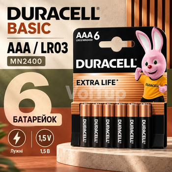 Батарейки DURACELL AAA (LR03) MN2400 Basic 6 шт, щелочные элементы питания со сроком хранения до 10 лет