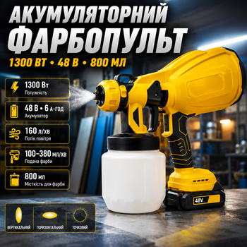 Аккумуляторный краскопульт DXR 651 1300 Вт 48 В 6 А·ч 800 мл 100–380 мл мин для стен мебели дерева металла покраски ремонта