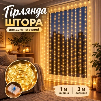 Світлодіодна новорічна гірлянда-штора з пультом 3*1 м Біле тепле світло