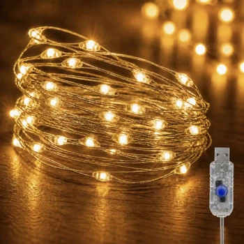 Гірлянда LED «Роса» на сріблястому дроті з USB, тепле біле світло