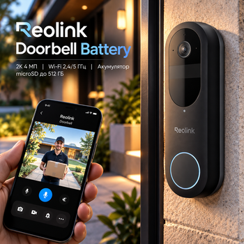 Беспроводной видеозвонок Reolink Doorbell Battery 2K 4 МП, Wi-Fi 2,4/5 ГГц, аккумулятор, microSD до 512 ГБ
