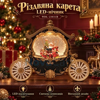 Новогодний ночник-карета с Сантой, рождественский декоративный фонарь на колесах, настольный LED светильник Черный с золотистым